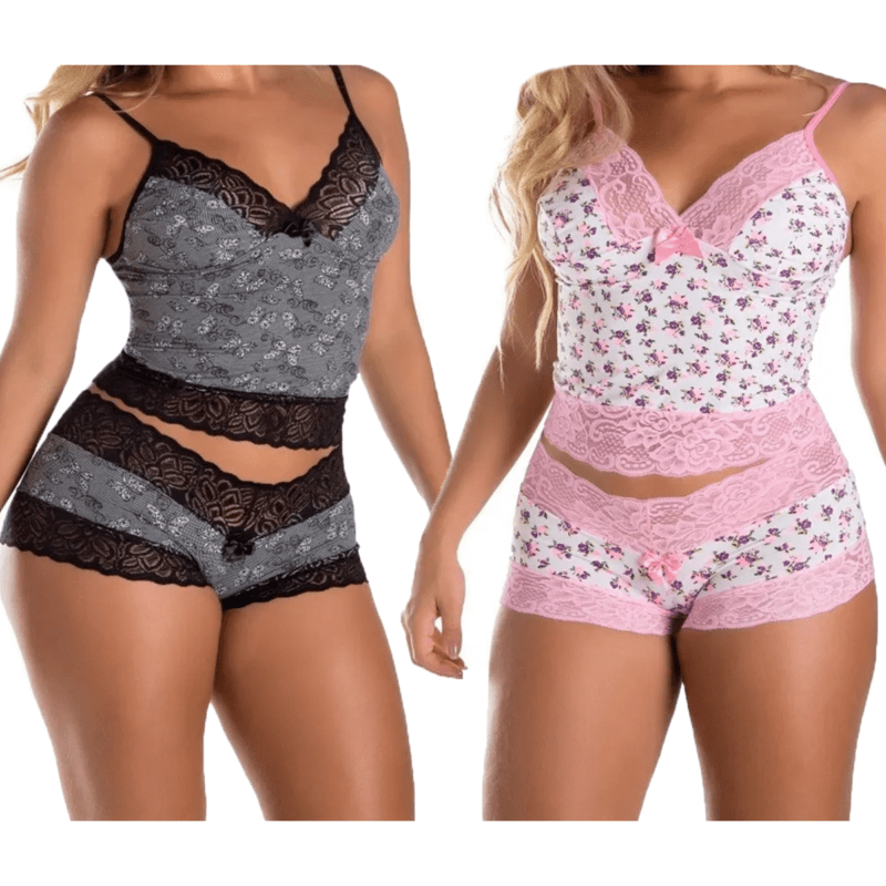 KIT 2 SHORT DOLL FEMININO PIJAMA BABY DOLL RENDA MICROFIBRA